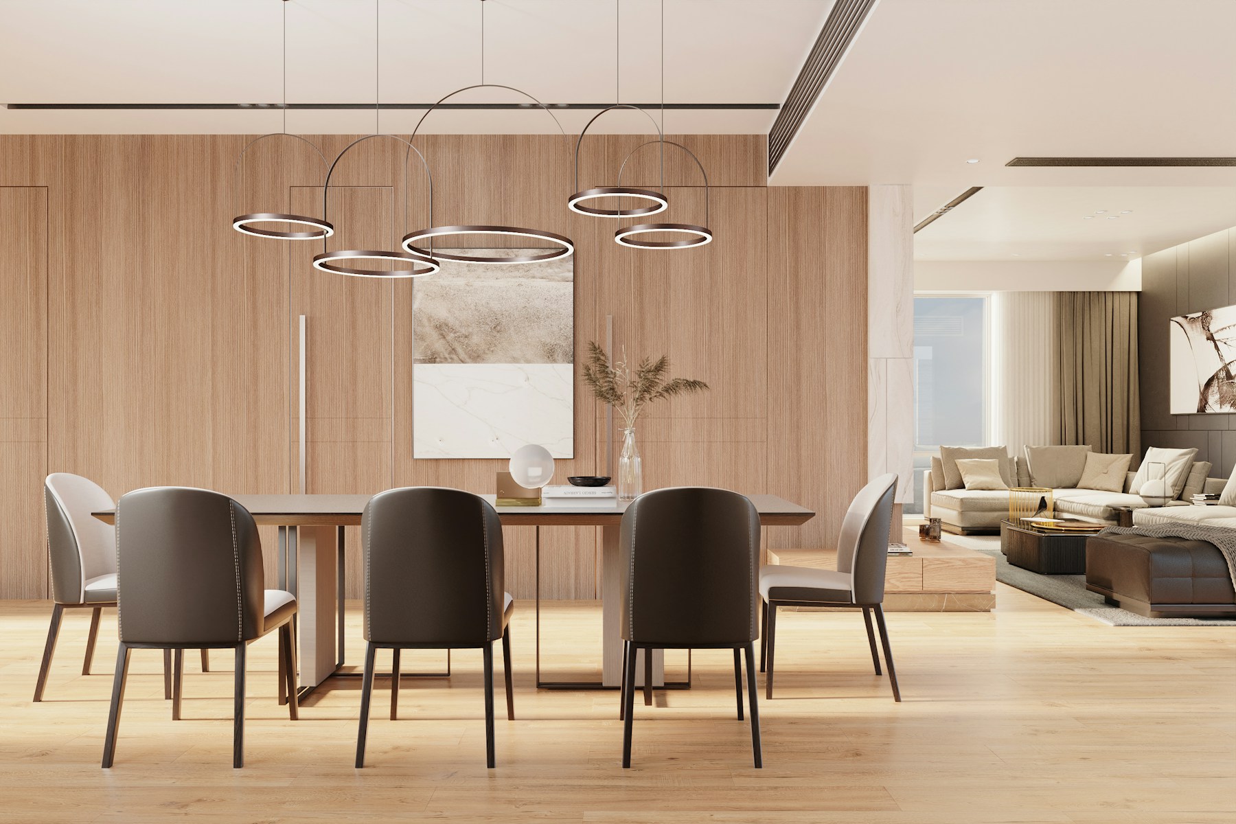 Empty contemporary dining room with timber walls and circular pendant lights