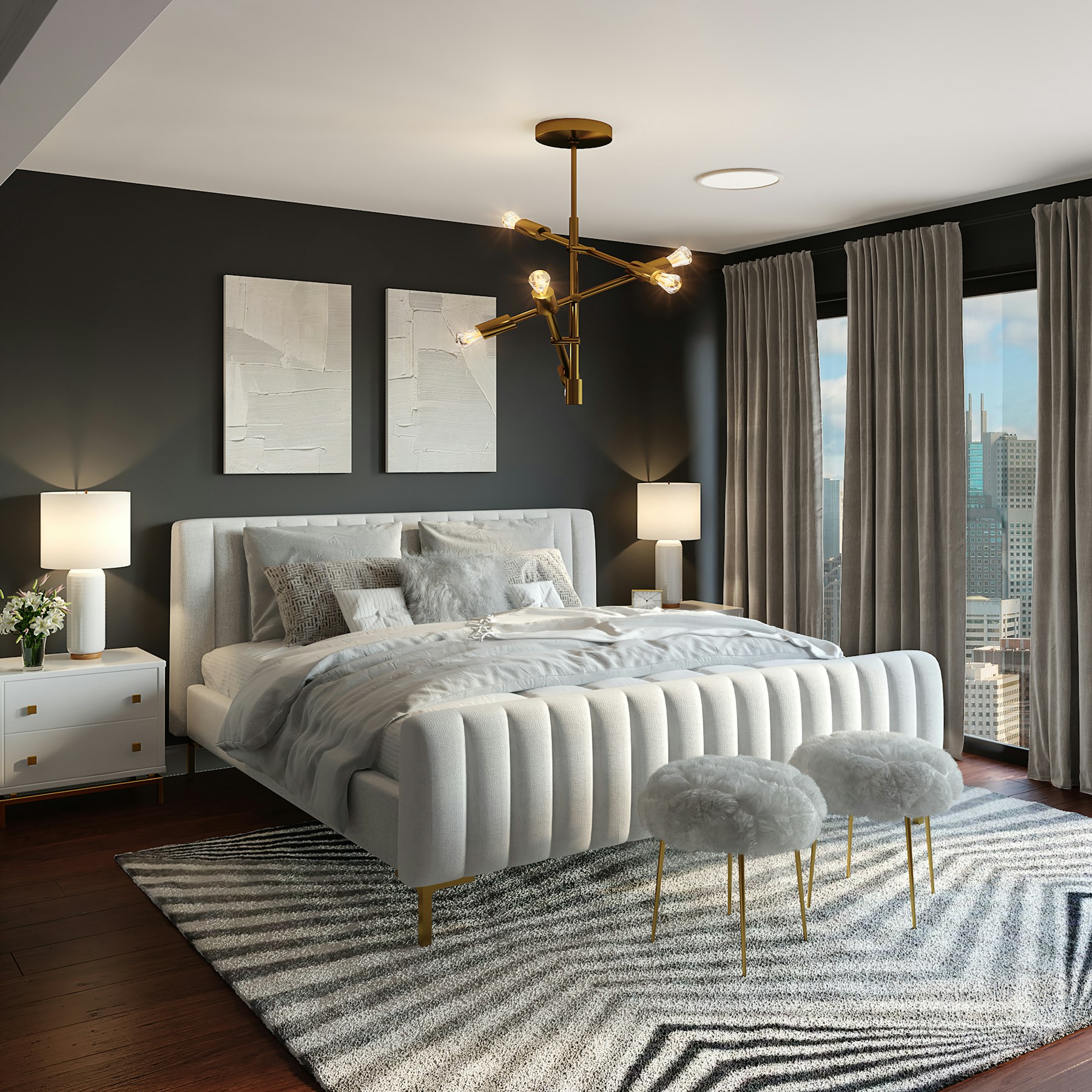Layered bedroom with dark walls and a soft white bed