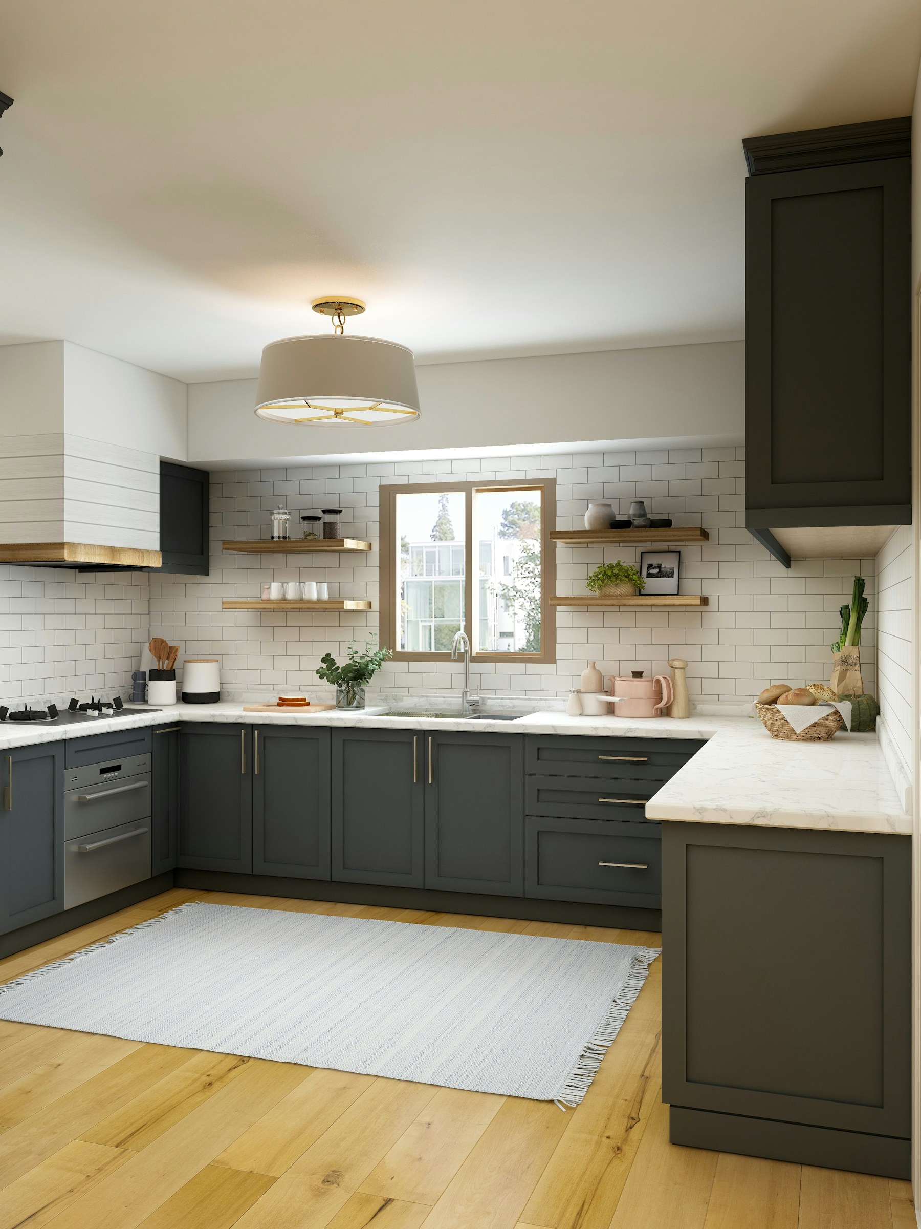 Contemporary kitchen with charcoal cabinets and pale timber floors